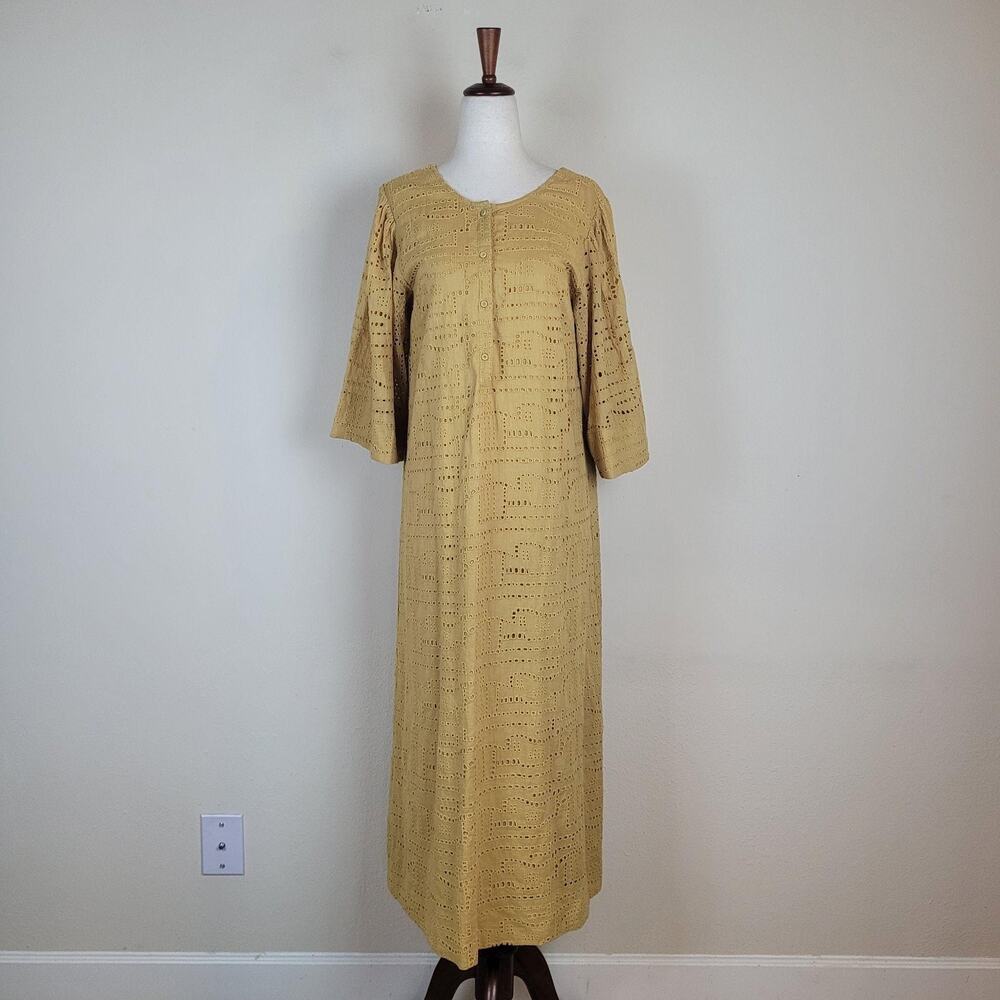 MIRTH Dress Small Gold Yellow Eyelet Kaftan Maxi Geometric Lightweight Lined